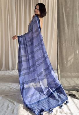 Cove blue hand block printed mulmul cotton saree with blouse piece 2