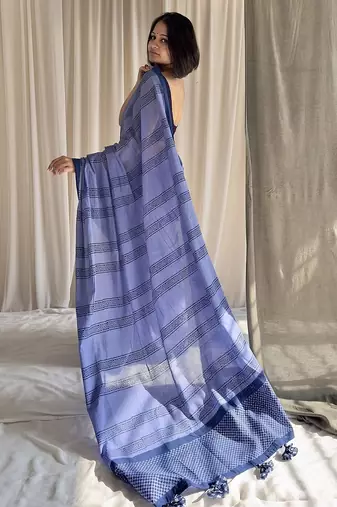 Cove blue hand block printed mulmul cotton saree with blouse piece