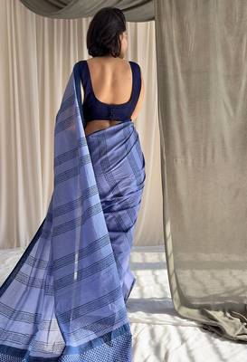 Cove blue hand block printed mulmul cotton saree with blouse piece 3