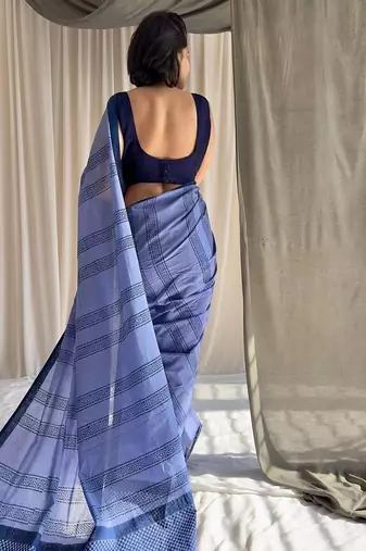 Cove blue hand block printed mulmul cotton saree with blouse piece