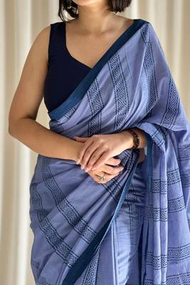 Cove blue hand block printed mulmul cotton saree with blouse piece 4