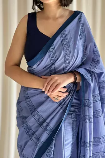 Cove blue hand block printed mulmul cotton saree with blouse piece