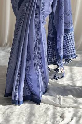 Cove blue hand block printed mulmul cotton saree with blouse piece 5