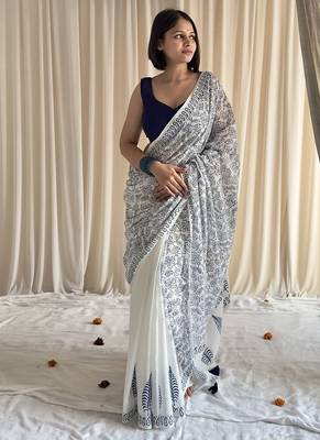 Blue & white half-half hand block printed mulmul cotton saree with blouse piece 1