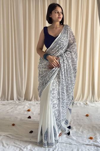 Blue & white half-half hand block printed mulmul cotton saree with blouse piece