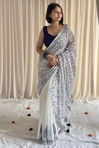 Blue & white half-half hand block printed mulmul cotton saree with blouse piece