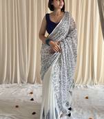 Blue & white half-half hand block printed mulmul cotton saree with blouse piece