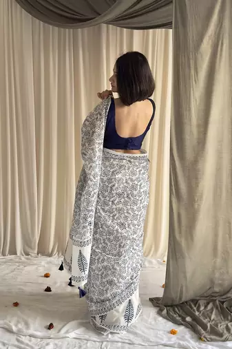 Blue & white half-half hand block printed mulmul cotton saree with blouse piece