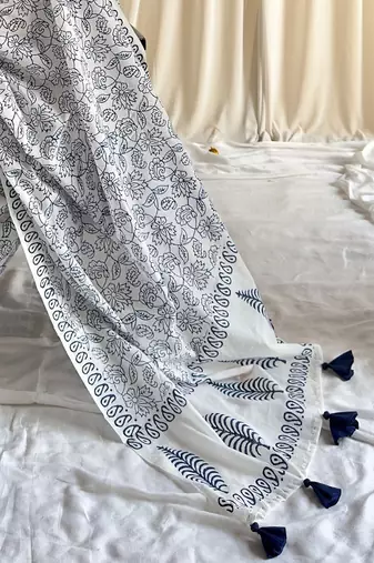 Blue & white half-half hand block printed mulmul cotton saree with blouse piece