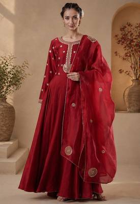 Red chanderi sequins work anarkali suit 1