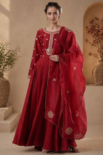 Red chanderi sequins work anarkali suit