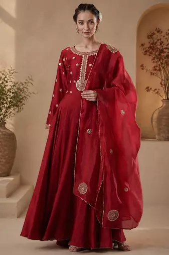 Red chanderi sequins work anarkali suit