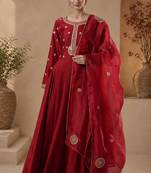 Red chanderi sequins work anarkali suit