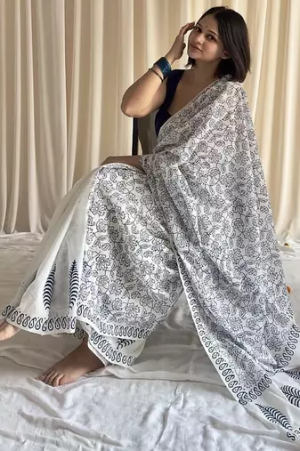 Blue & white half-half hand block printed mulmul cotton saree with blouse piece