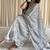 Blue & white half-half hand block printed mulmul cotton saree with blouse piece