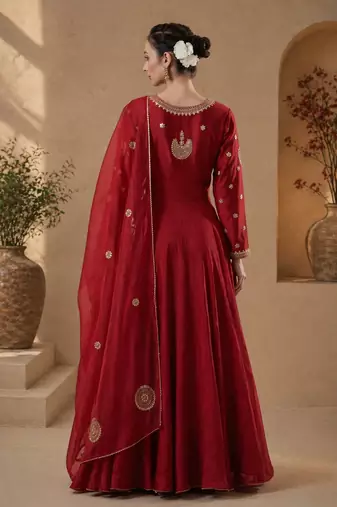 Red chanderi sequins work anarkali suit