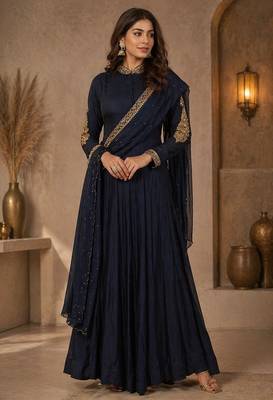 Navy blue silk blend sequins work anarkali suit 1