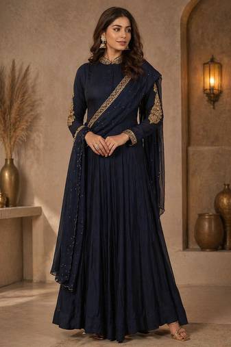 Navy blue silk blend sequins work anarkali suit
