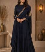 Navy blue silk blend sequins work anarkali suit
