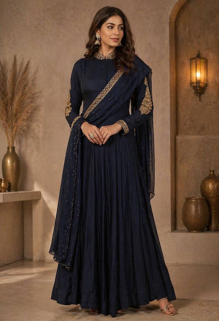 Navy blue silk blend sequins work anarkali suit