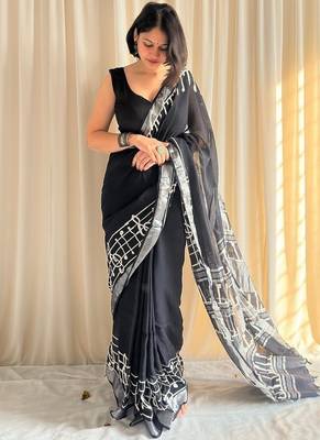 Black hand block printed linen cotton saree with blouse piece 1