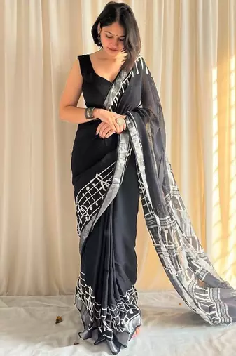 Black hand block printed linen cotton saree with blouse piece