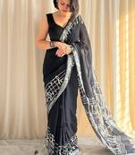 Black hand block printed linen cotton saree with blouse piece