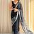 Black hand block printed linen cotton saree with blouse piece
