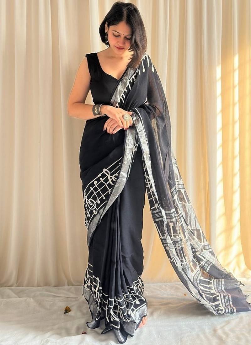 Black hand block printed linen cotton saree with blouse piece