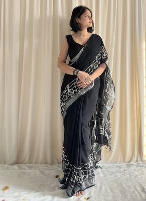 Black hand block printed linen cotton saree with blouse piece 2