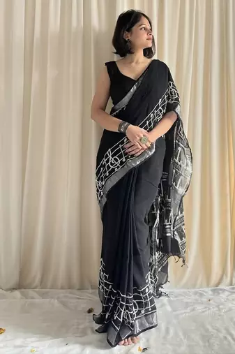 Black hand block printed linen cotton saree with blouse piece