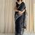 Black hand block printed linen cotton saree with blouse piece