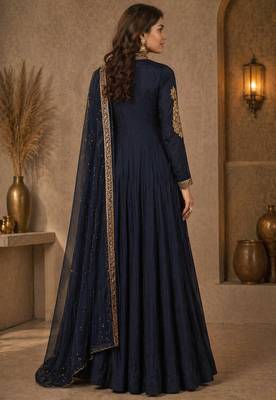 Navy blue silk blend sequins work anarkali suit 2
