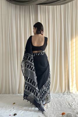 Black hand block printed linen cotton saree with blouse piece 3