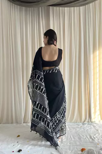 Black hand block printed linen cotton saree with blouse piece