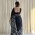 Black hand block printed linen cotton saree with blouse piece