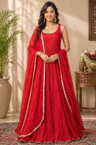 Red georgette lace work anarkali suit