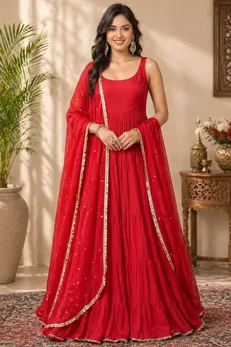 Red georgette lace work anarkali suit