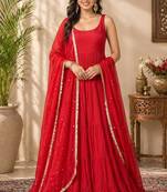 Red georgette lace work anarkali suit