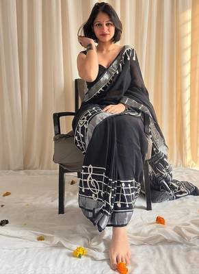 Black hand block printed linen cotton saree with blouse piece 4