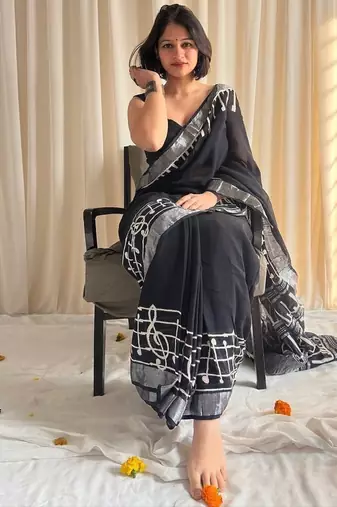Black hand block printed linen cotton saree with blouse piece