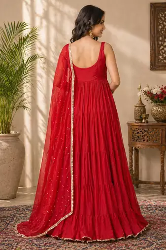 Red georgette lace work anarkali suit