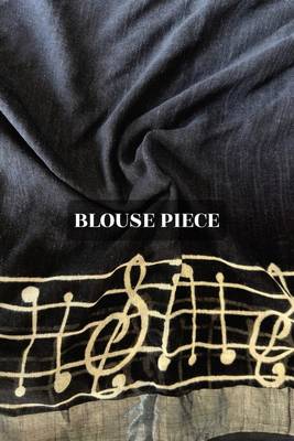Black hand block printed linen cotton saree with blouse piece 5