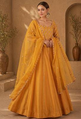 Mustard silk blend sequins work anarkali suit 1