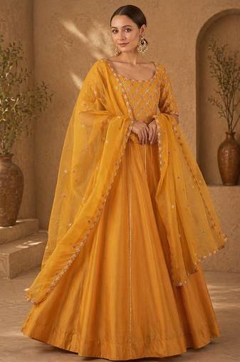 Mustard silk blend sequins work anarkali suit