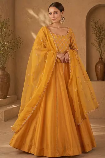 Mustard silk blend sequins work anarkali suit