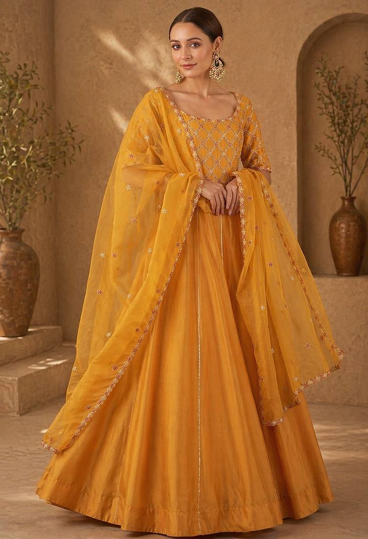 Mustard silk blend sequins work anarkali suit