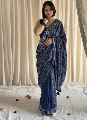 Blue half & half hand block printed mulmul cotton saree with blouse piece 1