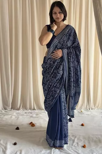 Blue half & half hand block printed mulmul cotton saree with blouse piece