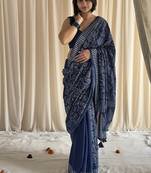 Blue half & half hand block printed mulmul cotton saree with blouse piece